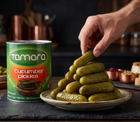 Tamara whole cucumber pickles in a 3kg tin, ready-to-eat side dish, shown in a grocery product image.