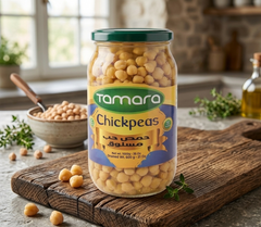 Tamara boiled chickpeas in a 1000g glass jar, suitable for salads and hummus, with label displaying product details.