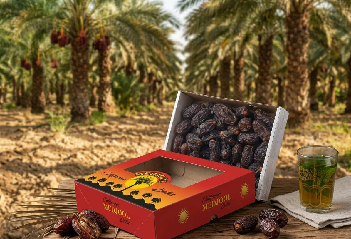 Fresh jumbo California Medjool dates from SANI-LLC, natural and no added sugar, showing plump, glossy dates in a clear container.
