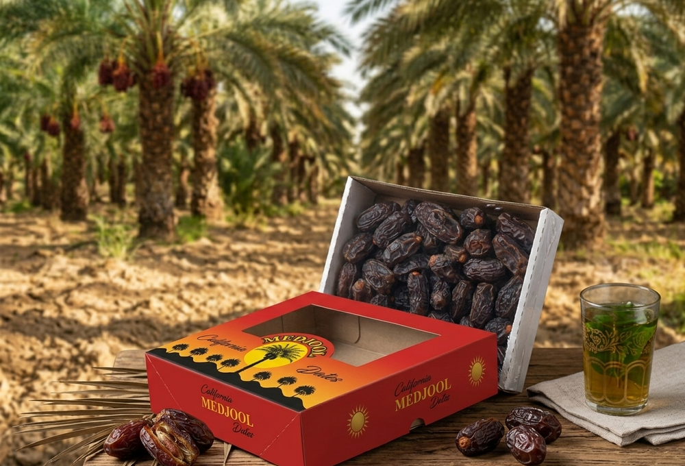 Fresh jumbo California Medjool dates from SANI-LLC, natural and no added sugar, showing plump, glossy dates in a clear container.