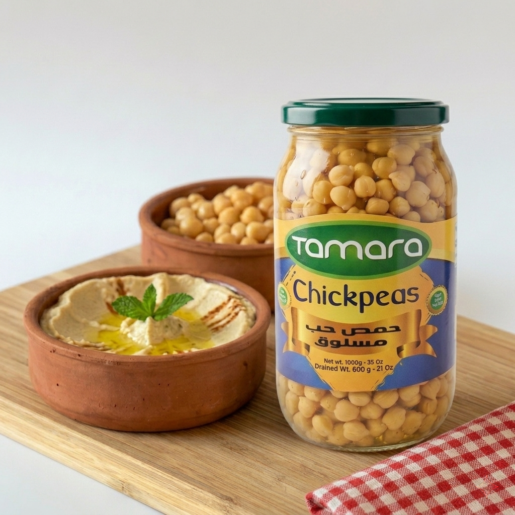 Tamara boiled chickpeas in a 1000g glass jar, perfect for salads and hummus, shown with the jar filled with light beige legumes.