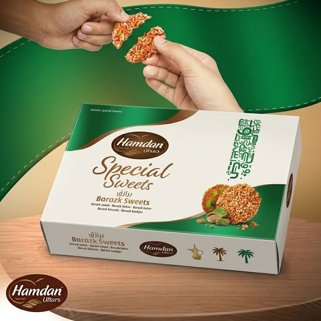 Hamdan Barazek sweets featuring crispy sesame and pistachio cookies, Damascus style biscuits for tea or gifting.