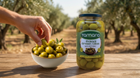 Tamara Baladi green olives in a 45oz jar, showcasing fresh, natural Mediterranean snack olives with vibrant green color.