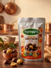 Organic peeled roasted chestnuts in a 100g Tamara package, ideal for cooking or snacking, shown in a clear grocery product image.