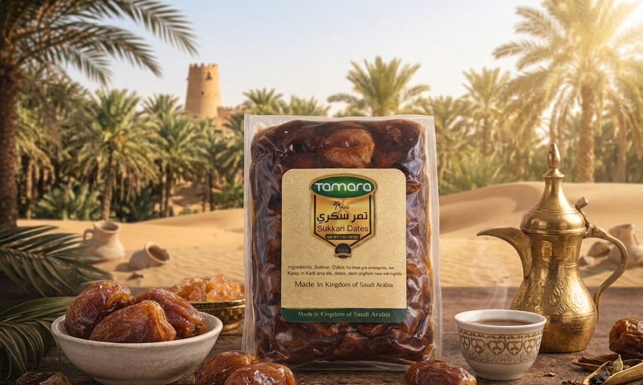 Fresh Tamara Sukkari dates from SANI-LLC, premium Saudi sweet dates in a 1kg pack, naturally delicious and tender.