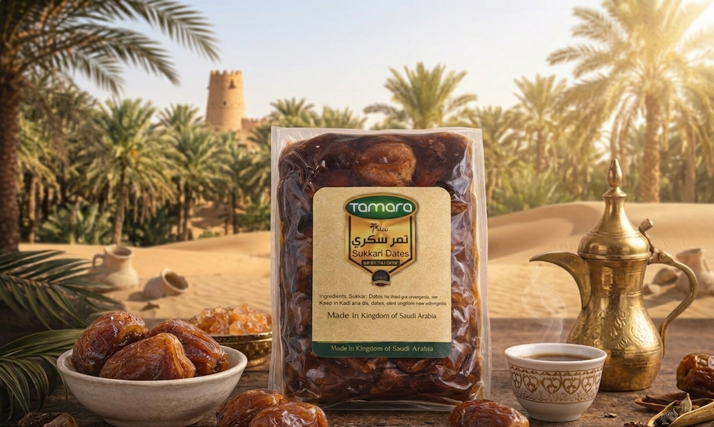 Fresh Tamara Sukkari dates from SANI-LLC, premium Saudi sweet dates in a 1kg pack, naturally delicious and tender.