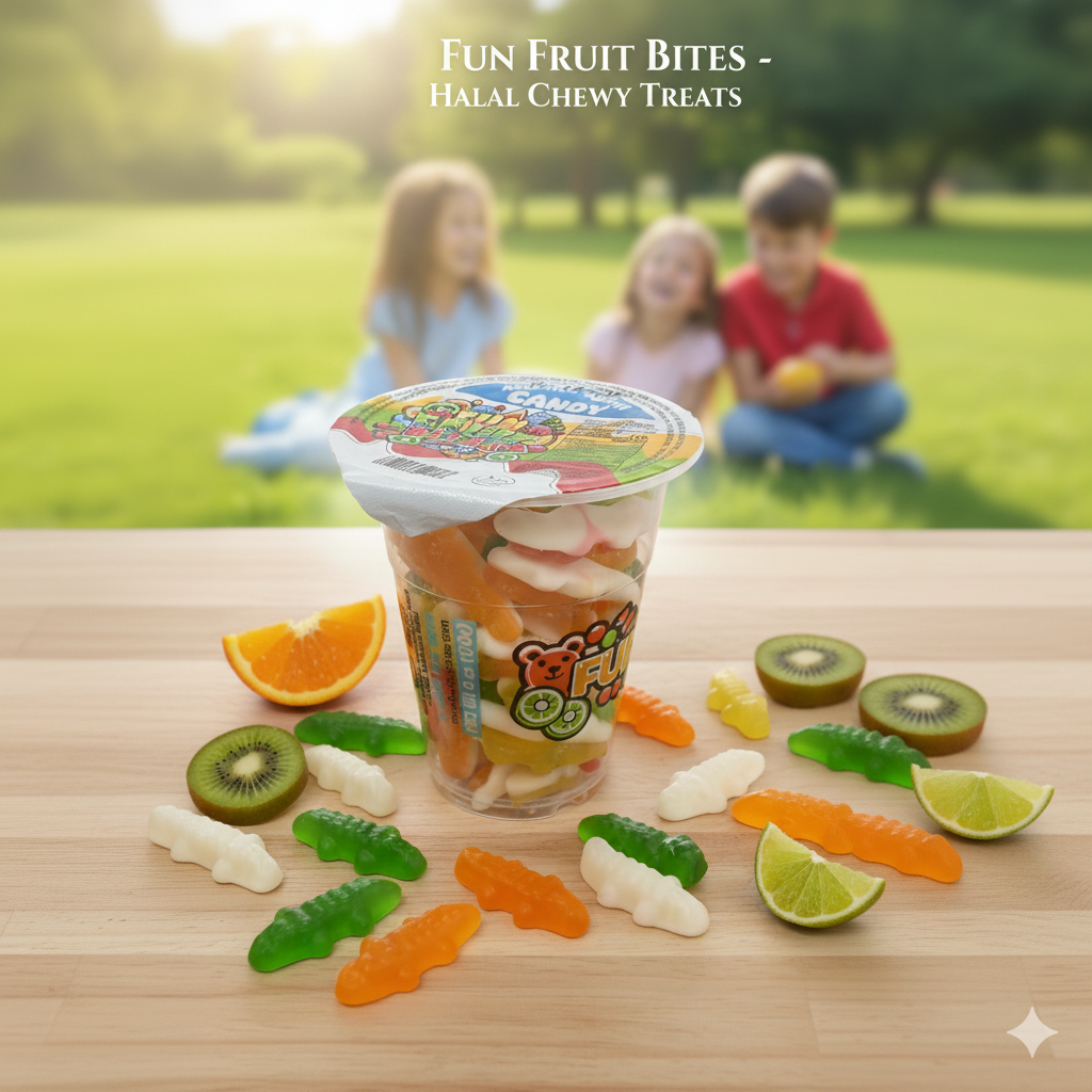 Fun Fruit Bites Assorted Gummy Candy Cup - Chewy Crocodile & Fruit Shaped Treats, Halal Certified