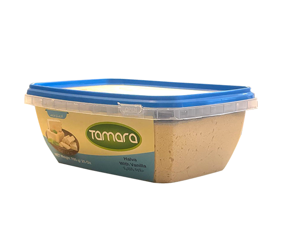 Tamara Vanilla Halva 700g traditional sesame tahini dessert with vanilla flavor, showing the creamy halva slice on a plate.
