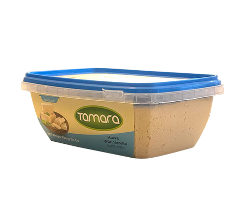 Tamara Vanilla Halva 700g traditional sesame tahini dessert with vanilla flavor, showing the creamy halva slice on a plate.