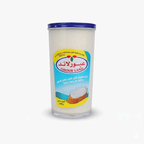 Obour Land white cheese spread in a 240g jar, creamy and full-fat with rich flavor, perfect for sandwiches, snacks, and dipping
