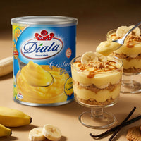 Diala Vanilla Custard Powder 300g package with a bowl of prepared vanilla custard on a plate, ready to serve.