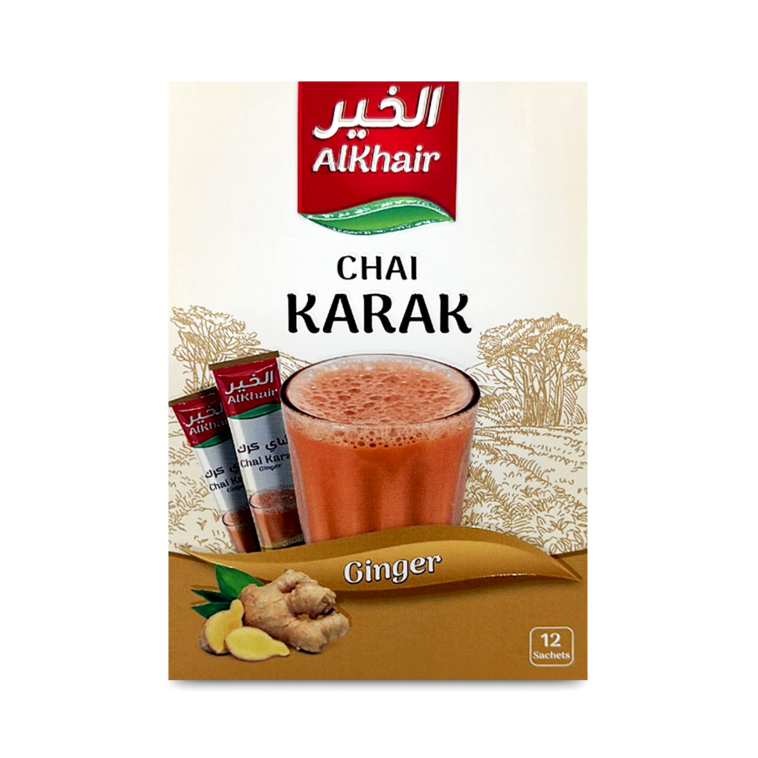 Front view of a pack of Alkhair Karak tea with Ginger