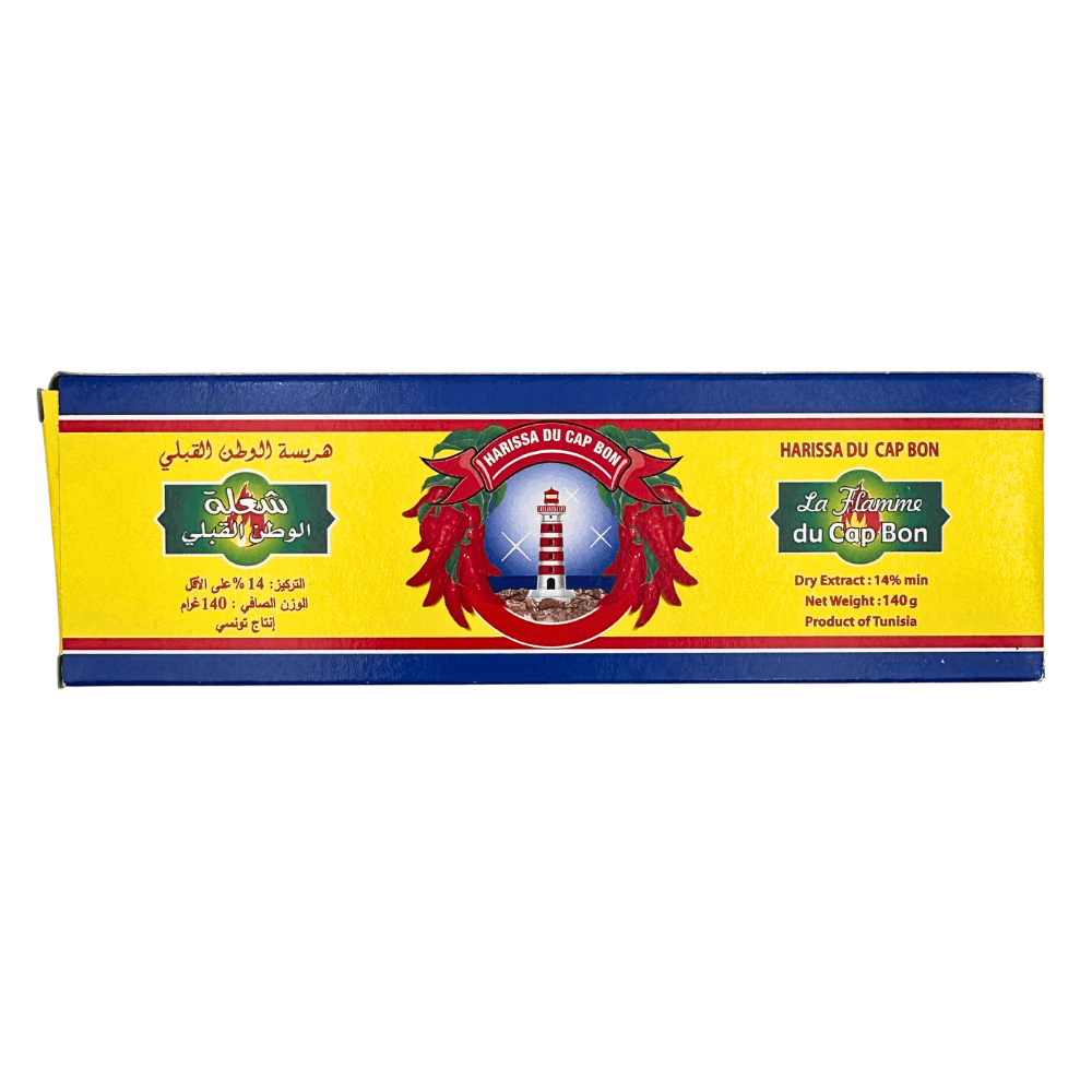 Authentic Harissa Du Cap Bon Tunisian chili paste in a 140g tube, spicy red pepper with garlic and caraway.