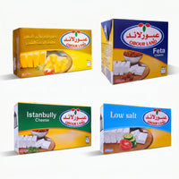 Assorted Obour Land Egyptian cheese variety pack featuring feta, istanbulli, low salt white, and soft cheddar, displayed together.
