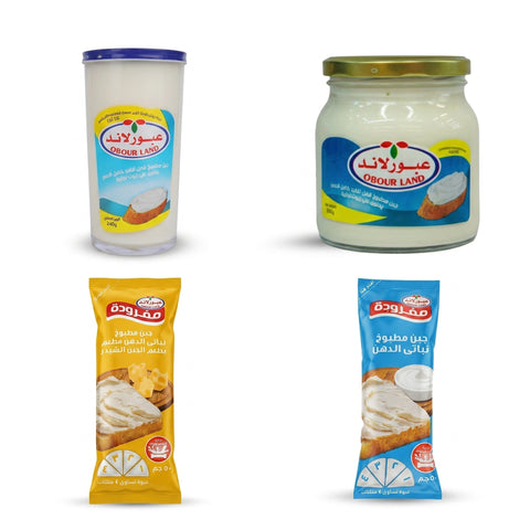 Obour Land Ultimate Creamy Cheese Spread bundle with Mafrouda squeeze pouches, glass jar, and cup, showcasing Middle Eastern processed cheese