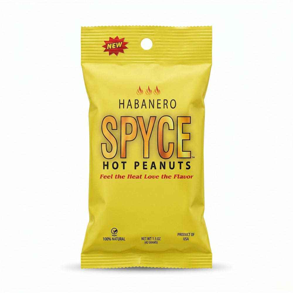 Spyce Habanero hot peanuts in a 1.5 oz bag, featuring spicy, bold flavor and natural vegan ingredients, with intense heat.