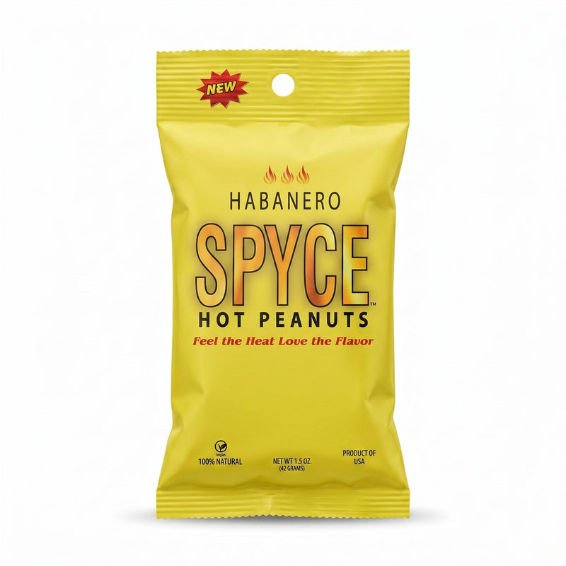 Spyce Habanero hot peanuts in a 1.5 oz bag, featuring spicy, bold flavor and natural vegan ingredients, with intense heat.