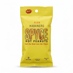 Spyce Habanero hot peanuts in a 1.5 oz bag, featuring spicy, bold flavor and natural vegan ingredients, with intense heat.