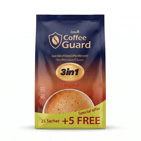 Shammout Coffee Guard 3-in-1 instant coffee mix with 30 sachets, creamy flavor, premium quick brew by SANI-LLC.