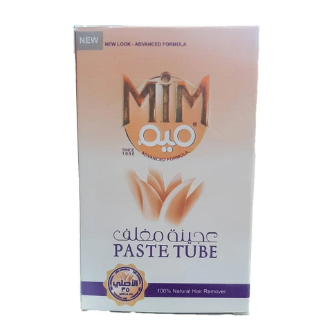 MIM Hair Removal Paste in a 90g tube, natural formula for smooth skin, shown in a close-up of the tube with label visible.