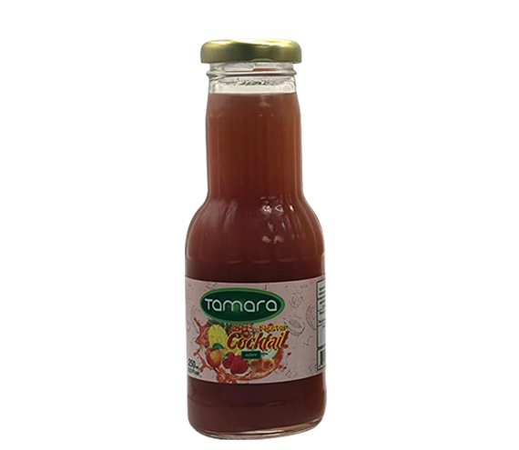 Tamara Cocktail Nectar 250ml mixed fruit juice in a clear glass bottle, showcasing a colorful, refreshing beverage.