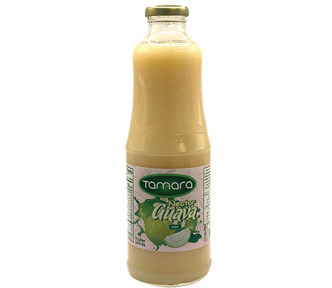 Tamara Guava Nectar in a 1L glass bottle, tropical fruit juice with vibrant guava color and label.