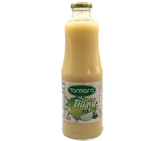 Tamara Guava Nectar in a 1L glass bottle, tropical fruit juice with vibrant guava color and label.