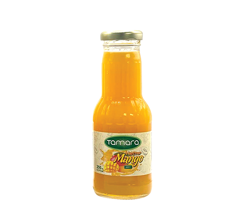 Tamara Mango Nectar in a 250ml glass bottle, showcasing rich, vibrant mango fruit drink with a clear, appealing liquid.