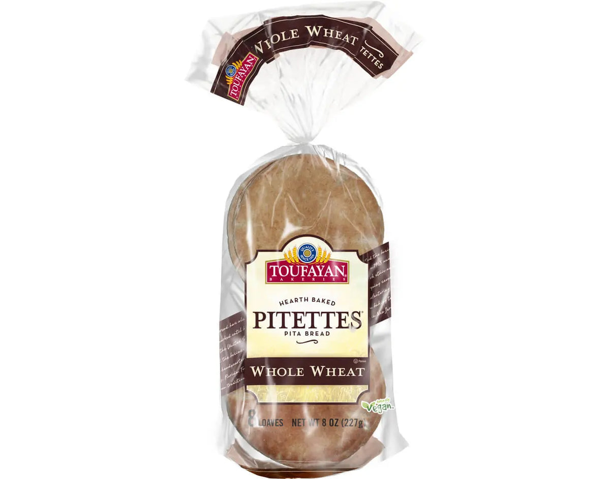 Toufayan Bakeries Whole Wheat Pitettes Pita Bread 8 Loaves 8 oz Hearth Baked Vegan Perfect for Snacks & Dips