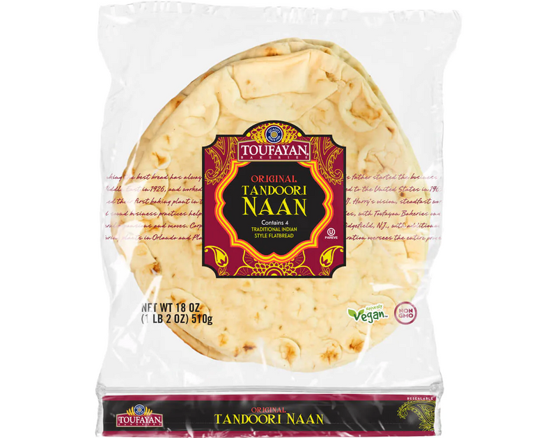 Toufayan Bakeries Original Tandoori Naan 4 Count, 18 Oz Vegan, Non-GMO Authentic Flatbread - SANI-LLC