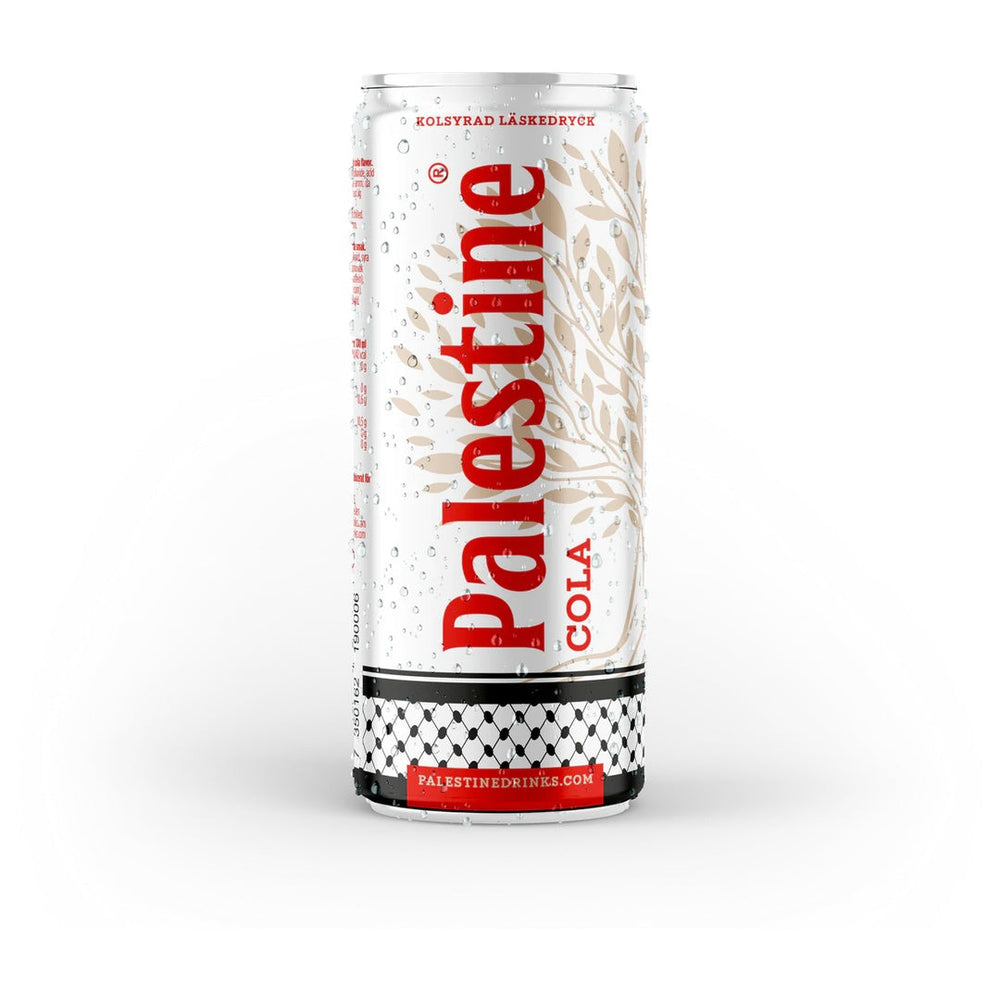 Palestine Cola 330ml carbonated soft drink can with branded label and vibrant design, refreshing soda from PalestineDrinks.