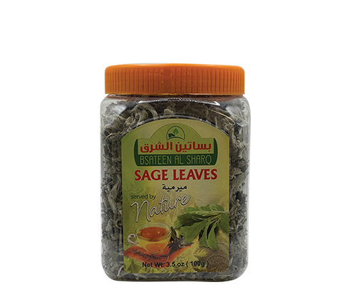 Dried sage leaves from Bsateen Al Sharq, natural herb for tea, shown as green leaves in a 3.5oz package.