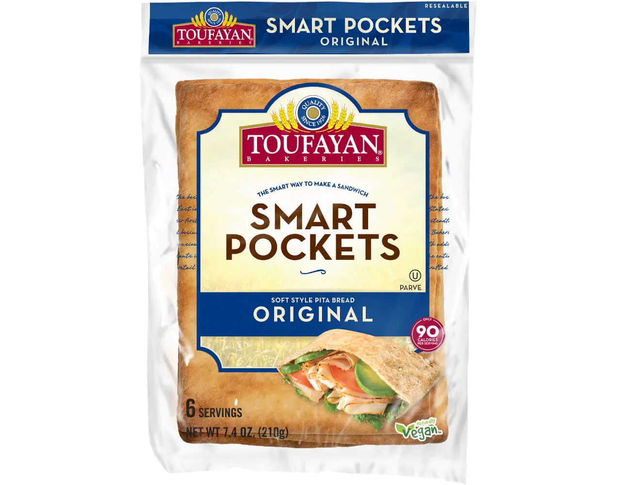Toufayan Bakeries Smart Pockets 6 Count (7.4 oz) Original Soft Style Only 90 Calories Naturally Vegan Healthy Sandwich & Wrap Bread