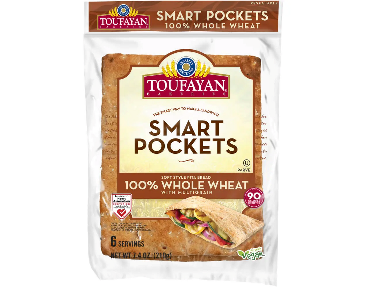 Toufayan Bakeries Smart Pockets Whole Wheat Pita Bread 6 Count 7.4 oz | 100% Whole Wheat, Heart-Healthy | Perfect for Sandwiches & Snacks