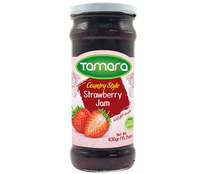 Tamara strawberry jam in a 430g jar, showcasing the country style spread with fresh strawberries and a glossy, delicious appearance.