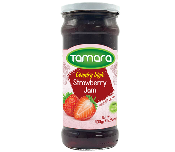 Tamara strawberry jam in a 430g jar, showcasing the country style spread with fresh strawberries and a glossy, delicious appearance.