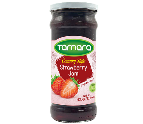 Tamara strawberry jam in a 430g jar, showcasing the country style spread with fresh strawberries and a glossy, delicious appearance.