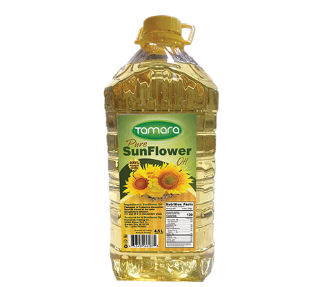 Tamara Pure Sunflower Oil 4.5L bottle, premium cooking oil for frying with a clear label and golden sunflower imagery