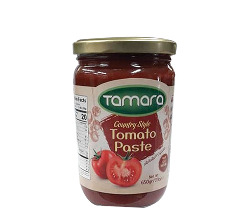 Tamara country style tomato paste in a 650g glass jar, ideal for cooking and adding rich tomato flavor to dishes.