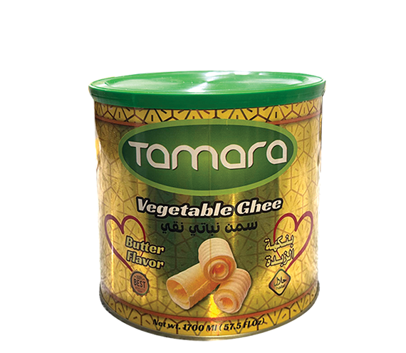 Tamara vegetable ghee 1.7kg jar, butter-flavored oil ideal for cooking and baking, shown in a clear container.
