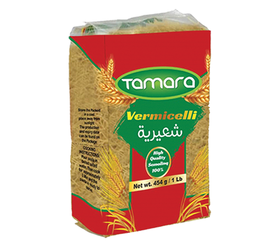 Tamara 1lb vermicelli pasta made from 100% semolina, ideal for soups and rice dishes, shown in a clear image.