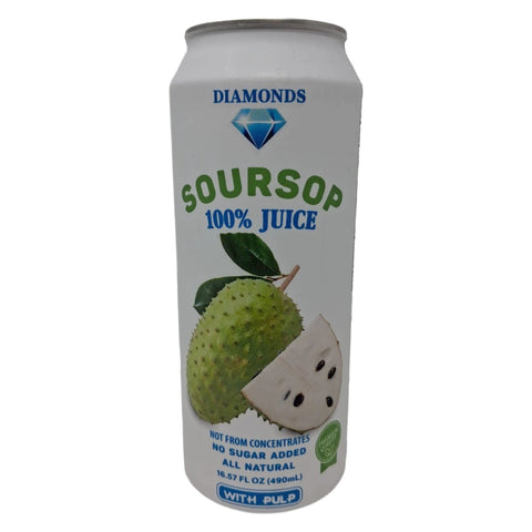 Diamonds Soursop Juice with Pulp in 16.57 fl oz bottle, showcasing fresh soursop fruit and pulp for tropical refreshment.