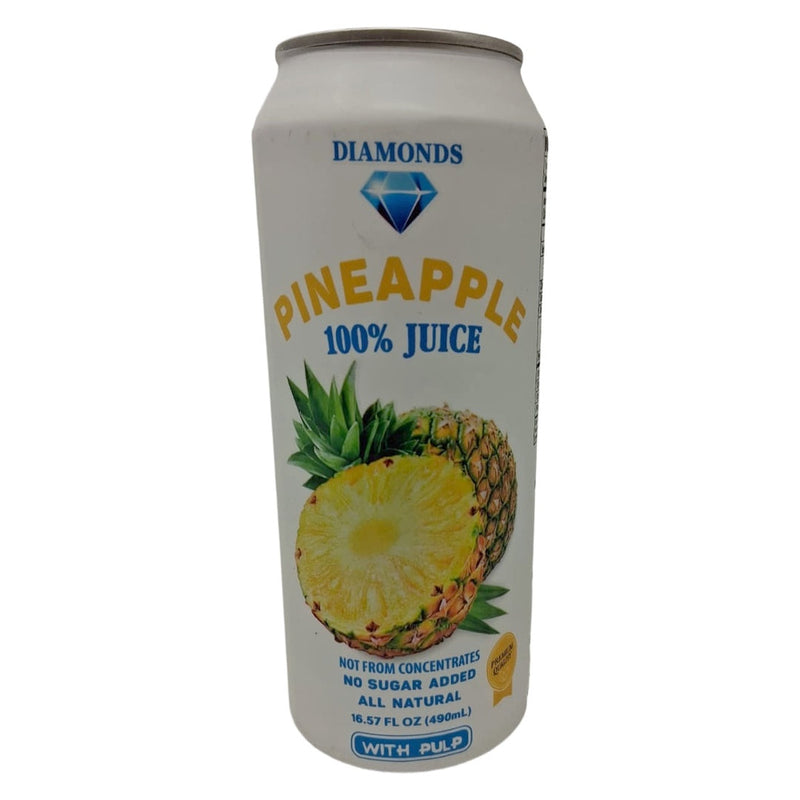 Diamonds Pineapple Juice with Pulp in a 16.57 fl oz can, showcasing fresh pineapple juice with pulp and vibrant label design.