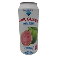 Pink guava juice can by Diamonds, 16.57 fl oz, featuring vibrant pink liquid with pulp for tropical refreshment.