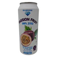 Diamonds Passion Fruit Juice with Pulp in a 16.57 fl oz bottle, showcasing vibrant passion fruit and pulp pieces inside.