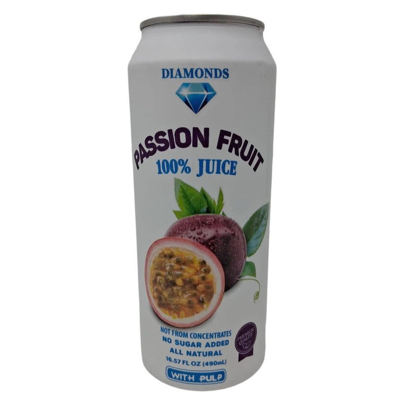 Diamonds Passion Fruit Juice with Pulp in a 16.57 fl oz bottle, showcasing vibrant passion fruit and pulp pieces inside.