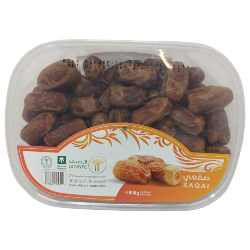 ALDAYFE premium Saudi Saghai dates in 800g tub, all-natural, preservative-free, nutrient-rich healthy snack from Al Qassim.