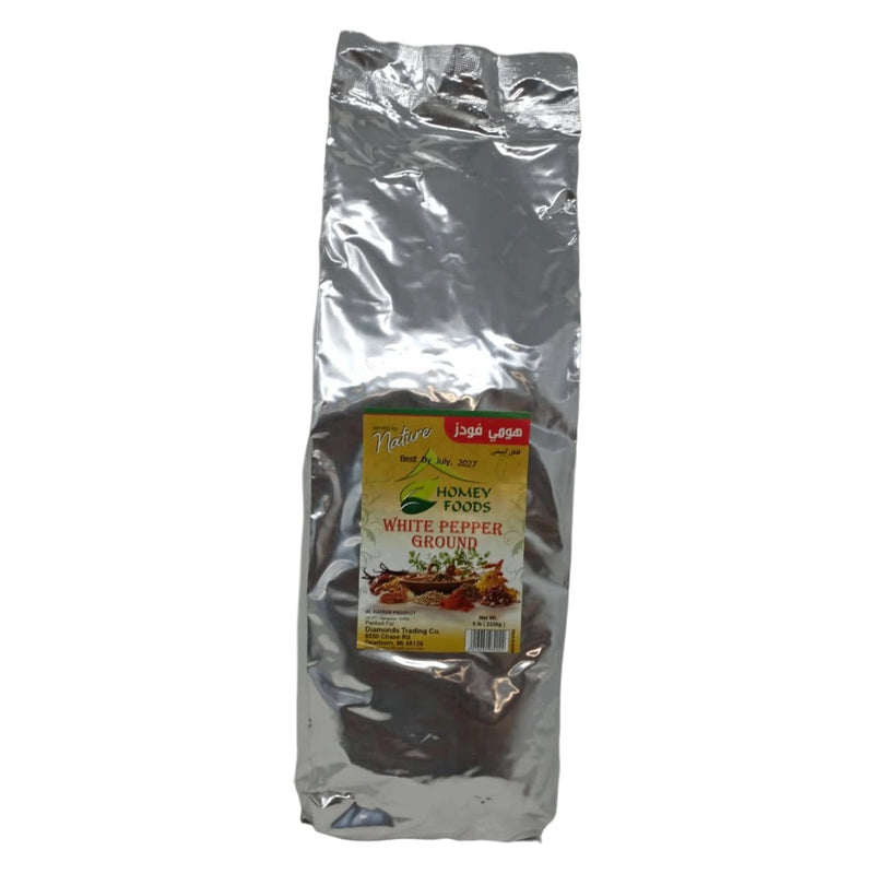 Ground white pepper in a 5 lb bulk bag from Homey Foods, ideal for gourmet cooking and seasoning dishes.