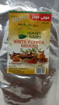 Ground white pepper in a 5 lb bulk bag from Homey Foods, ideal for gourmet cooking and culinary use.
