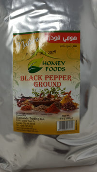 Homey Foods 5 lb bulk bag of pure fine ground black pepper spice with aromatic seasoning in a clear plastic bag.